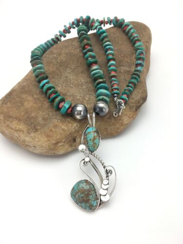 Navajo Turquoise #8 & Spiny Oyster Pendant Necklace | Sterling Silver | 22" | Authentic Native American Handmade | 2635