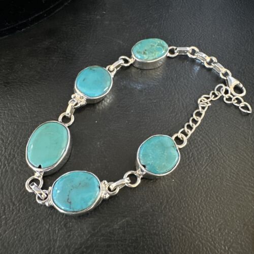 Navajo Blue Turquoise Link Bracelet | Sterling Silver | 8" | Authentic Native American Handmade | 15470