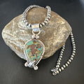 Navajo Blue Turquoise Pendant Necklace | Sterling Silver Pearls | Authentic Native American Handmade | 15654