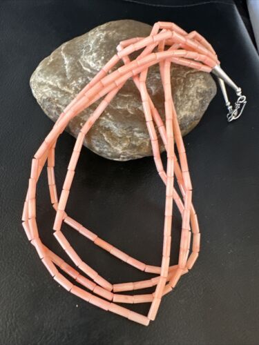 Pink Coral Tube Heishi Bead Necklace | 4 Strand Navajo Sterling Silver | 18" | 15279