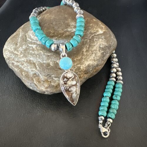 Navajo Wild Horse | Blue Kingman Turquoise Pendant Necklace | Sterling Silver | Authentic Native American Handmade | 17574