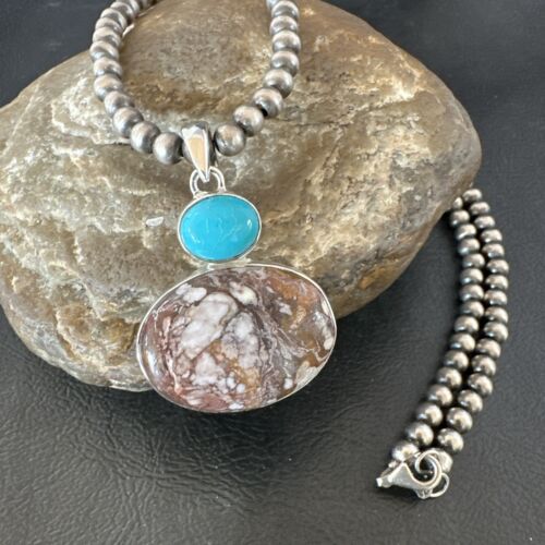 Navajo Wild Horse | Blue Kingman Turquoise Necklace | Sterling Silver | Authentic Native American Handmade | 17339