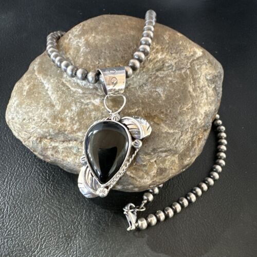 Navajo Pearls Black Onyx Necklace Pendant | Sterling Silver | Authentic Native American Handmade | 16527