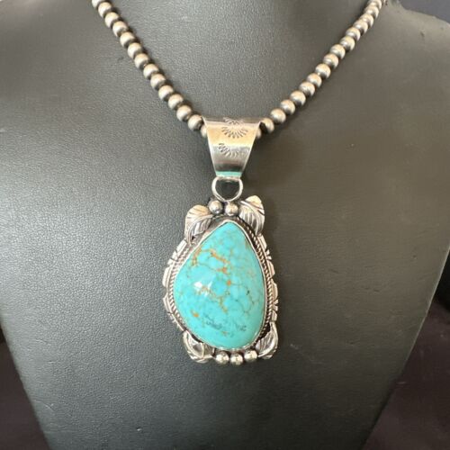 Navajo Men's Blue Kingman Turquoise Pendant Necklace | Sterling Silver | Authentic Native American Handmade | 17477