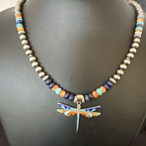 Navajo Dragonfly Pendant | Sterling Silver Turquoise Spiny Inlay MultiColor | Authentic Native American Handmade | 16634