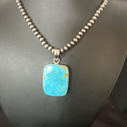 Navajo Blue Kingman Turquoise Pendant Necklace | Sterling Silver Pearls | 20" | 16699