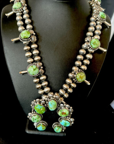 Navajo Green Sonoran Gold Turquoise Squash Blossom Necklace Pendant | Sterling Silver | Native American Handmade | 16546