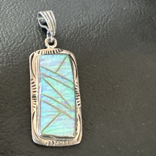 Navajo Blue Fire Opal Inlay Pendant | Sterling Silver | Authentic Native American Handmade | 16484