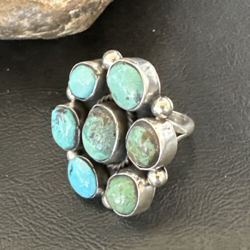Navajo Blue Turquoise Cluster Ring | Authentic Native American Sterling Silver | Multi-Stone | Sz 9 | 17645