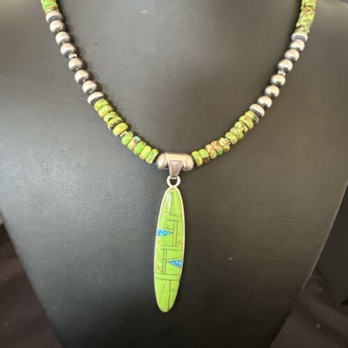 Navajo Green Gaspeite & Turquoise Inlay Pendant Necklace | Sterling Silver | 22" | Authentic Native American Handmade | 16765