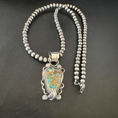 Navajo Blue Turquoise Pendant Necklace | Sterling Silver Pearls | Authentic Native American Handmade | 15657