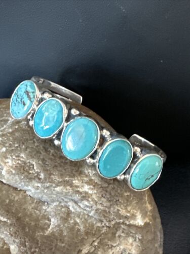 Women's Blue Turquoise 5-Stone Cuff Bracelet | Navajo Sterling Silver | Authentic Native American Jewelry | 16281
