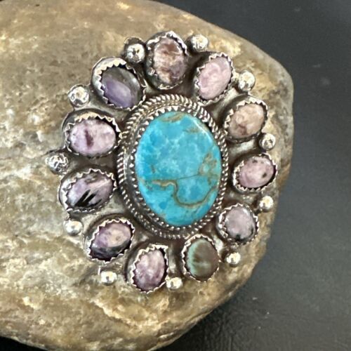 Navajo Cluster Blue Kingman Turquoise Charoite Ring | Authentic Native American Sterling Silver | Multi-Stone | Sz 9.5 | 17178