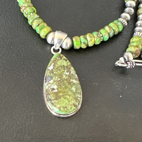 Navajo Green Turquoise Pendant Necklace | Sterling Silver Pearls | Authentic Native American Handmade | 16234