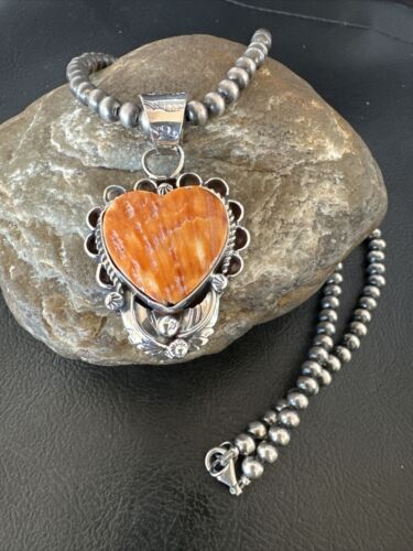 Navajo Orange Spiny Oyster Heart Pendant Necklace | Sterling Silver | Authentic Native American Handmade | 16419