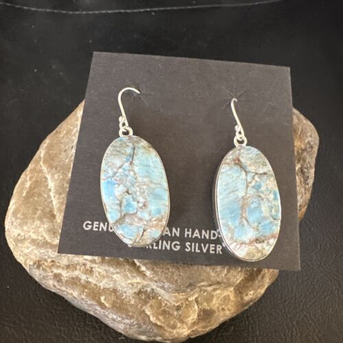 Navajo Blue Turquoise Dangle Earrings | Sterling Silver | Authentic Native American Handmade | 15430