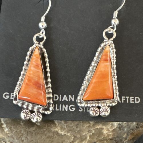 Navajo Orange Spiny Oyster Dangle Earrings | Sterling Silver | Authentic Native American Handmade | 17275