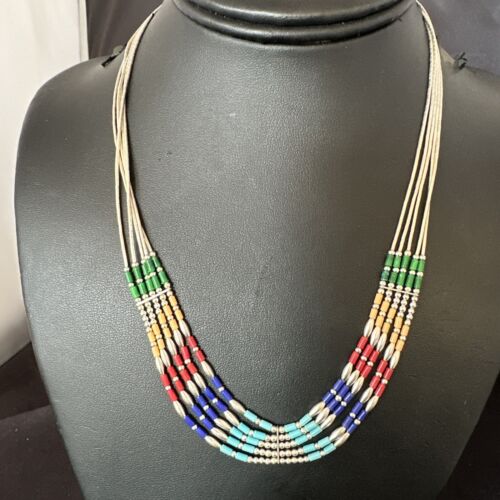 Multicolor Lapis Coral Heishi Liquid Sterling Silver Necklace | 5 Strand | 20" | 15886