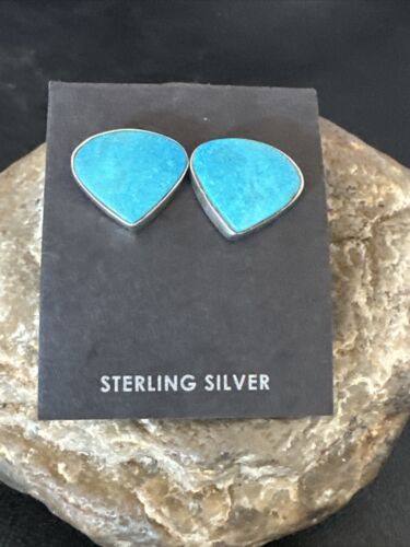 Navajo Blue Kingman Turquoise Post Stud Earrings | Sterling Silver | Authentic Native American Handmade | 17470