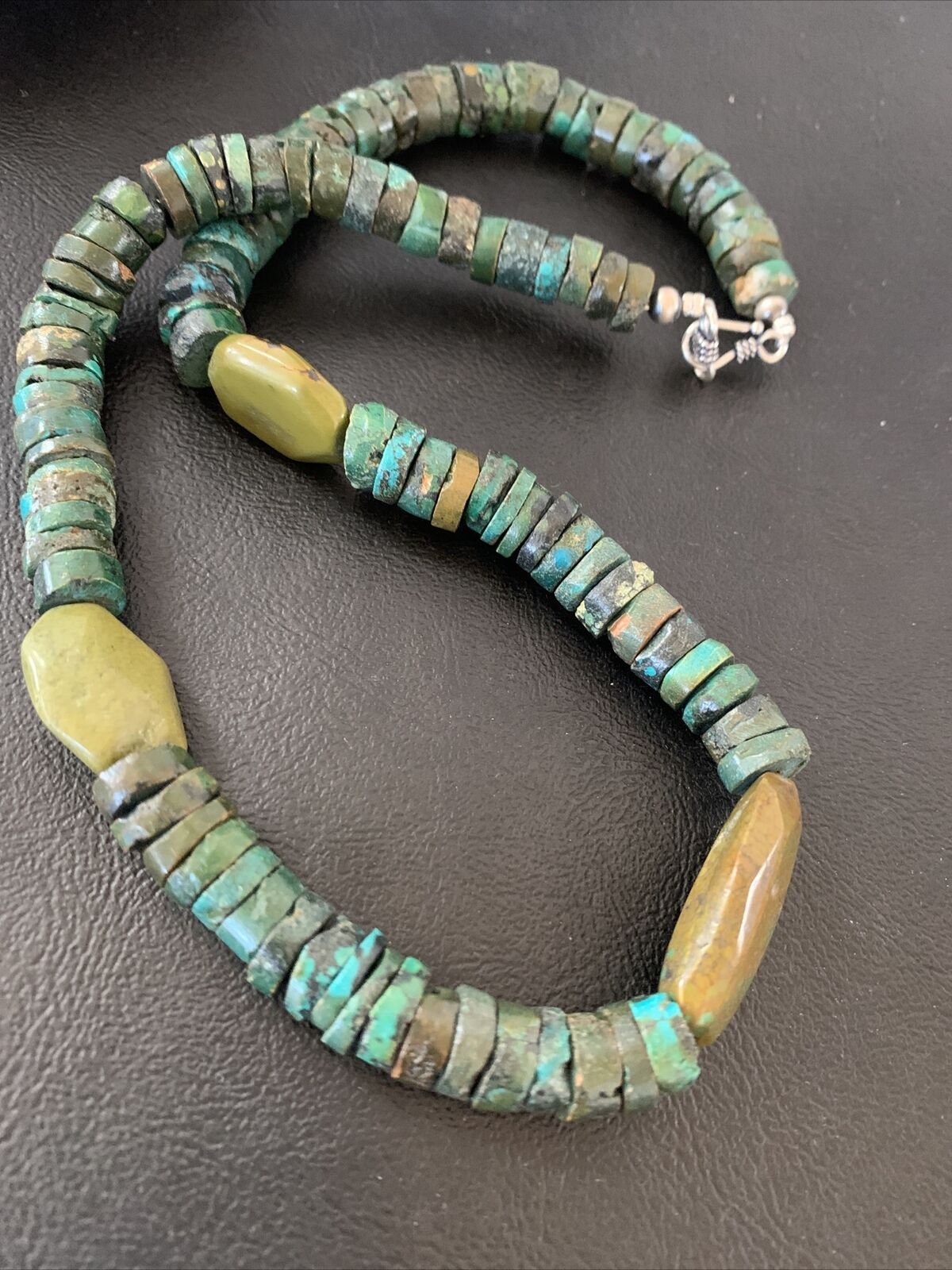 Men's Navajo Green Turquoise Nugget Heishi Bead Necklace | 21" | Sterling Silver | 02144