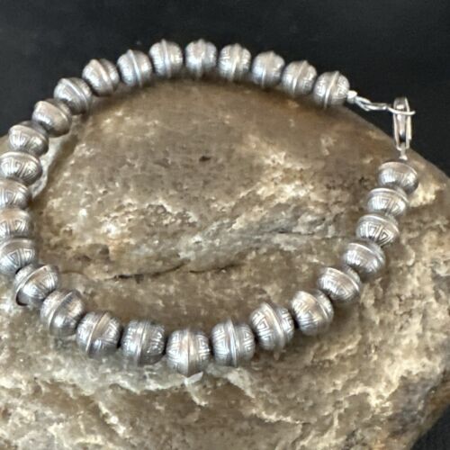 Handmade Stamped Navajo Pearls Bracelet | 6mm Beads | 8" Sterling Silver | Authentic Native American | 17447