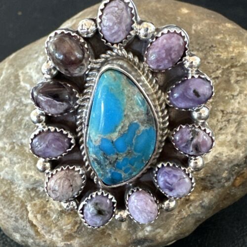 Navajo Cluster Blue Kingman Turquoise Charoite Ring | Authentic Native American Sterling Silver | Multi-Stone | Sz 9 | 17179