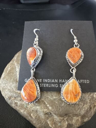 Navajo Orange Spiny Oyster Dangle Earrings | Sterling Silver | 1.5" | Authentic Native American Handmade | 16573