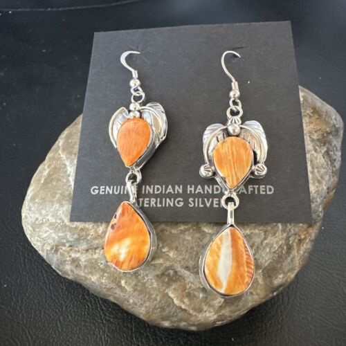 Navajo Orange Spiny Oyster Dangle Earrings | Sterling Silver | 1.5" | Authentic Native American Handmade | 16569