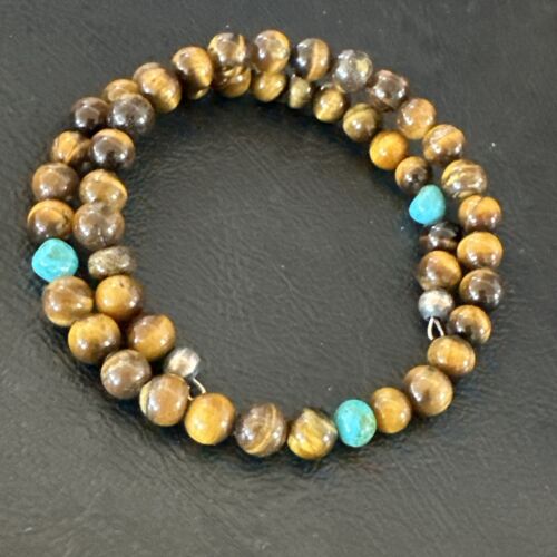 Navajo Blue Turquoise Coffee Tiger's Eye Bracelet | Stainless Steel Memory Wire | Authentic Native American Handmade | 17627