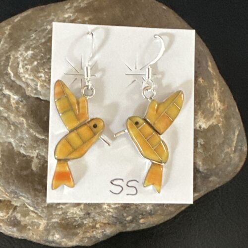 Navajo Orange Spiny Oyster Hummingbird Dangle Earrings | Sterling Silver | Authentic Native American Handmade | 15089