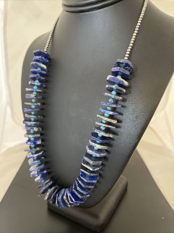 Navajo Lapis Turquoise Necklace | Sterling Silver | Native American Handmade | 23" | 01891
