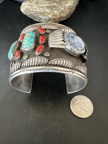Navajo Men's Women's Royston Turquoise Coral Watch Cuff Bracelet | Sterling Silver | Authentic Native American | XL | 15850