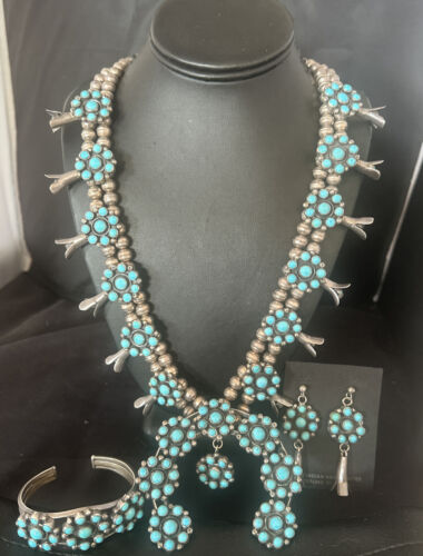 Ultra Rare Old Pawn Kingman Turquoise Squash Blossom Set | Necklace, Bracelet, Pendant, Earrings | Navajo | 15921