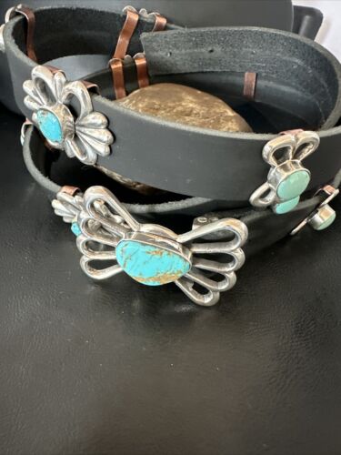 Men's Blue Kingman Turquoise Concho Belt | Sterling Silver Navajo Tufa | Authentic Native American Handmade | 16788