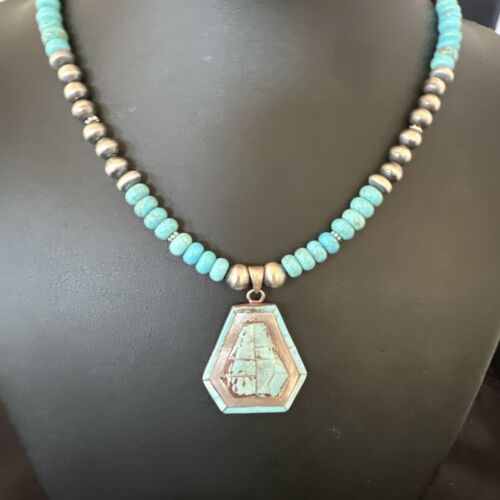 Navajo Turquoise Inlay Pendant Necklace | Sterling Silver | Authentic Native American Handmade | 17078