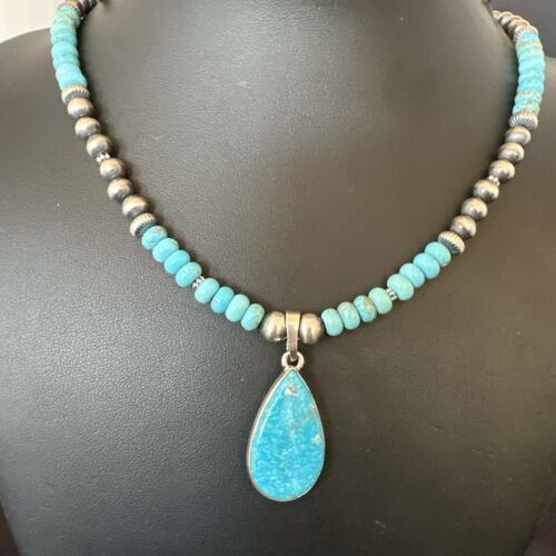 Navajo Pearls Kingman Turquoise Necklace | Sterling Silver Pendant | Authentic Native American Handmade | 17125