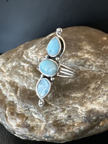 Navajo Blue Larimar Multi-Stone Cluster Ring | Authentic Native American Sterling Silver | Sz 8 | 16163