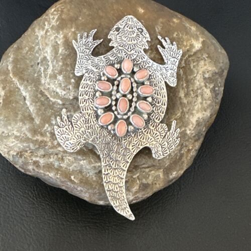 Handmade Stamped Navajo Pink Coral Horny Toad Pin | Authentic Native American Jewelry | 15669
