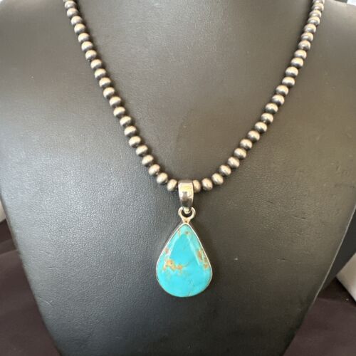 Navajo Blue Kingman Turquoise Pendant Necklace | Sterling Silver | 20" | Authentic Native American Handmade | 16674