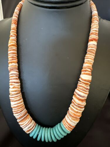 Navajo Sterling Silver Blue Turquoise & Spiny Oyster Graduated Necklace | Authentic Native American | 20" | 16903