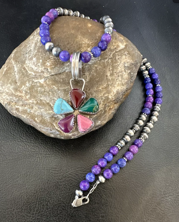 Purple Stone Sugilite Pendant Navajo Pearls Sterling Silver Necklace 18391