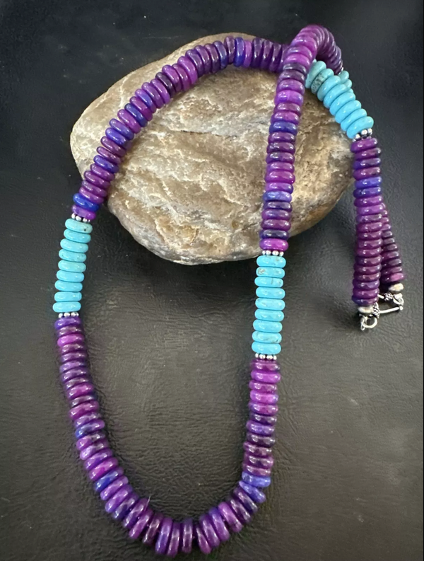 Purple Sugilite Blue Turquoise Bead Navajo Sterling Silver Necklace 22" 17915