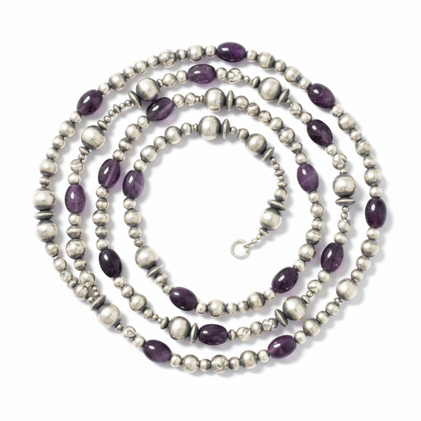 Navajo Pearls Necklace | Sterling Silver Sugilite Beads | 70" | Authentic Native American Handmade | 8052