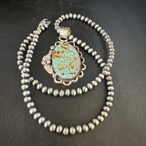 Navajo Blue #8 Turquoise Pendant Necklace | Sterling Silver Pearls | Authentic Native American Handmade | 15508