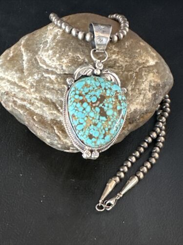 Navajo Pearls Sterling Silver Necklace with Blue Turquoise #8 Pendant | Authentic Native American Handmade | 14855
