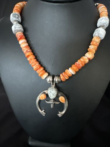 Navajo White Buffalo Turquoise Spiny Naja Pendant Necklace | Sterling Silver | 23" | 14929