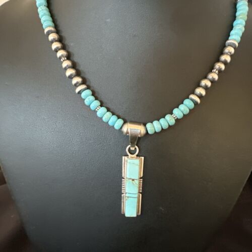 Navajo Blue Kingman Turquoise Inlay Pendant Necklace | Sterling Silver | 21" | Authentic Native American Handmade | 16930
