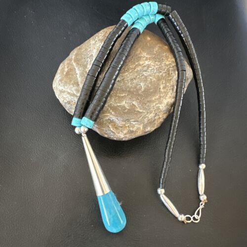Santo Domingo Blue Turquoise Black Onyx Necklace | Sterling Silver | 21" | 15765