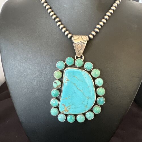 Navajo XL Blue Kingman Turquoise Cluster Pendant Necklace | Sterling Silver | Native American Handmade | 16796