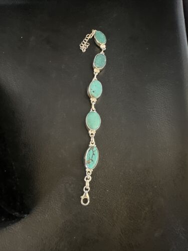 Navajo Blue Turquoise Link Bracelet | Sterling Silver | 8" | Authentic Native American Handmade | 15466